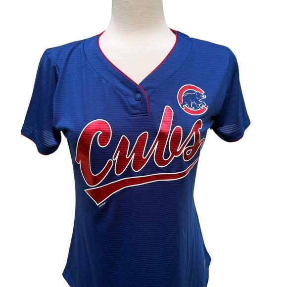 Chicago Cubs Shirt WMN Sm TX3 Cool Blue Red Metallic Snap Collar Short Slv MLB - Picture 2 of 11